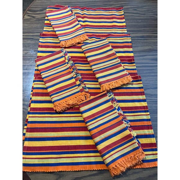 Summer Living 13”x17” cloth orange blue yellow striped placemats and napkins - Picture 1 of 9